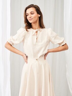Linen Handmade Studio white Lucia top puff sleeve tie neck short sleeve blouse